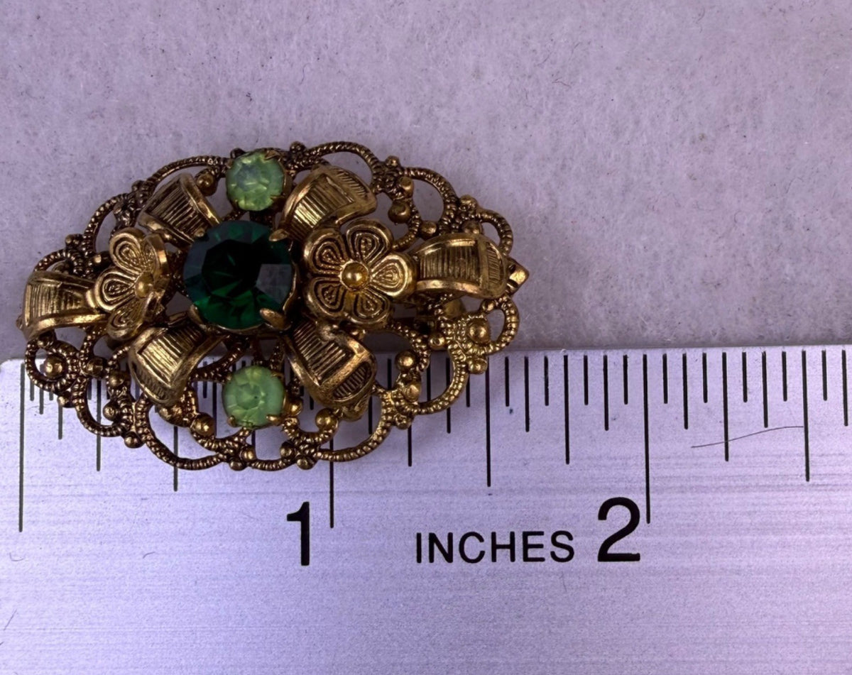 Vintage Womens Brass Filigree Brooch With Green Faceted Stones Oval