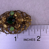 Vintage Womens Brass Filigree Brooch With Green Faceted Stones Oval