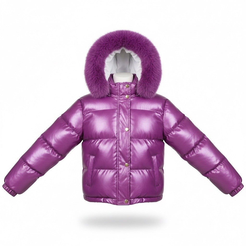 Fashion Nova Girls Purple Puffer Coat Faux Fur Hood Size 14 Y2K Winter
