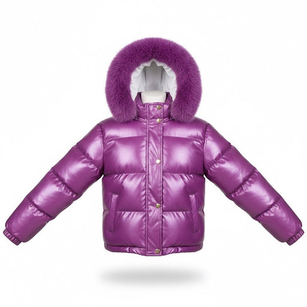 Fashion Nova Girls Purple Puffer Coat Faux Fur Hood Size 14 Y2K Winter