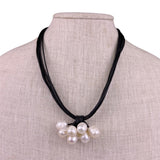 Multi Strand Leather Womens Black Freshwater Baroque Pearls Necklace Magnetic Cl