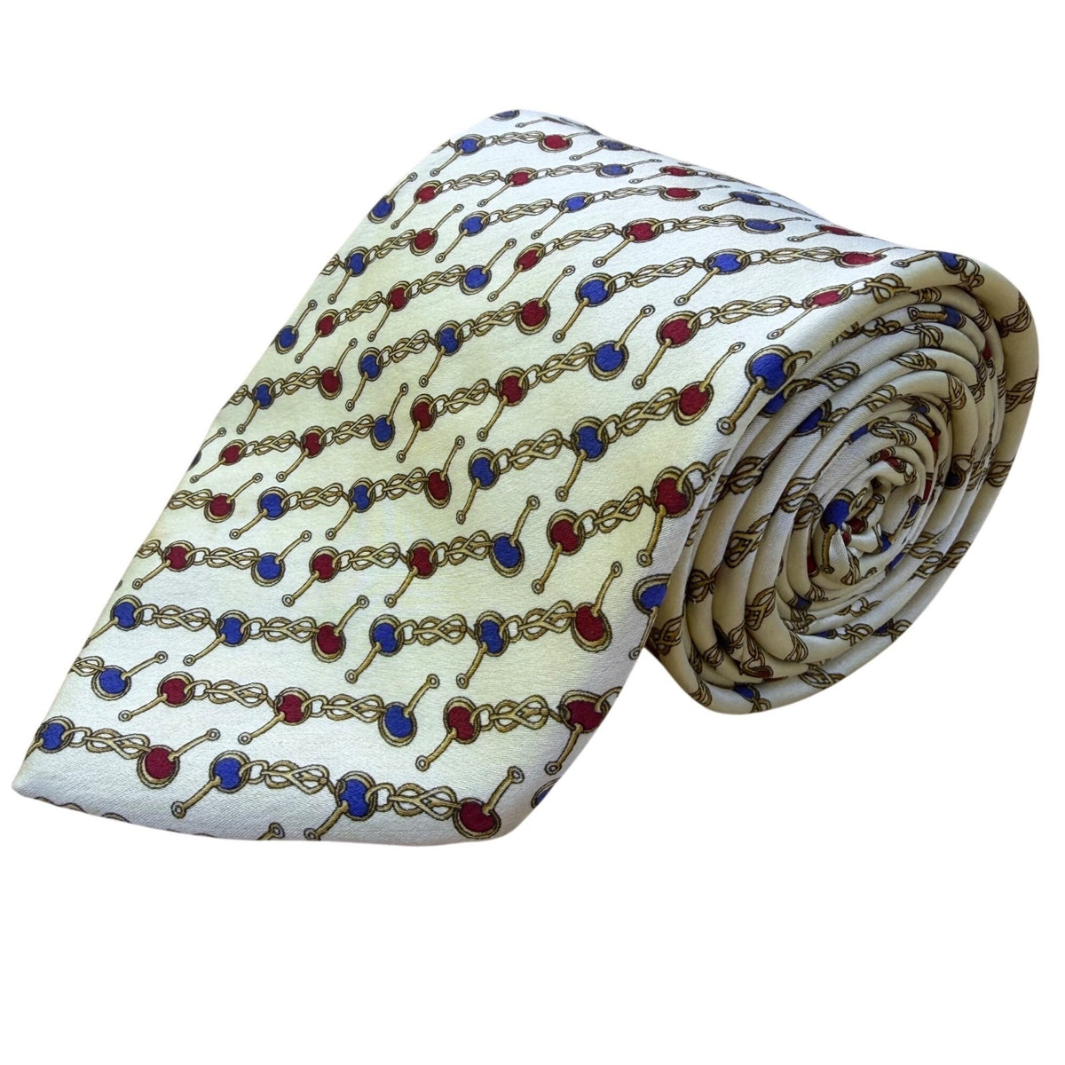 Tom James Mens Ivory Silk Tie Chain Link Red & Blue Pattern Elegant Made In USA