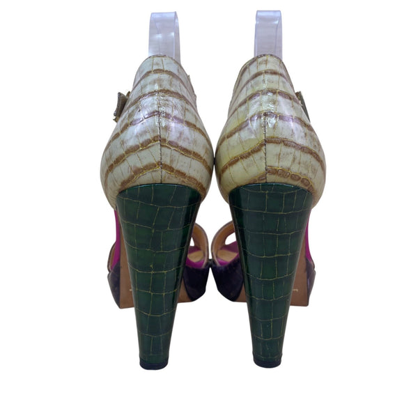 Beverly Feldman Women’s Brown Faux Croc Ankle Strap  Platform Heels Size 7.5M