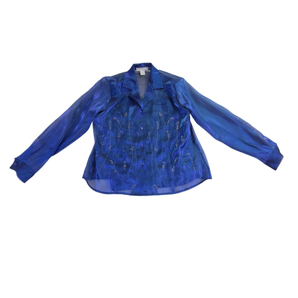 Dress Barn Womens Blue Sheer Embroidered Button-Front Long-Sleeve Blouse Size L
