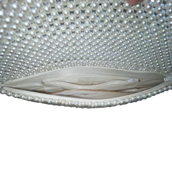 Pearl White Women’s Elegant Beaded Zipper Compartments Clutch Evening Bag