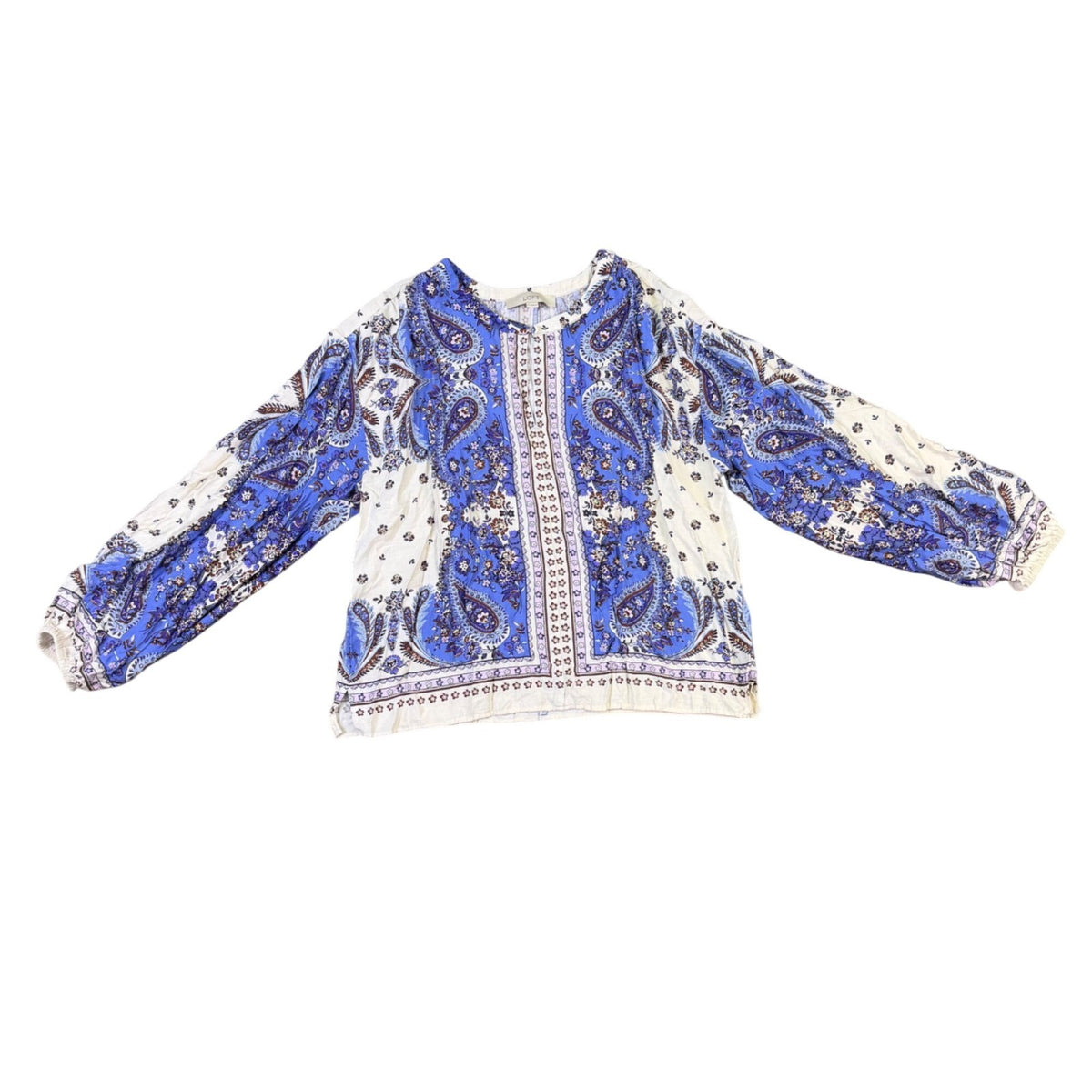 Loft Womens Blue & White Floral Boho Printed Long Sleeve Blouse Lightweight Sz L