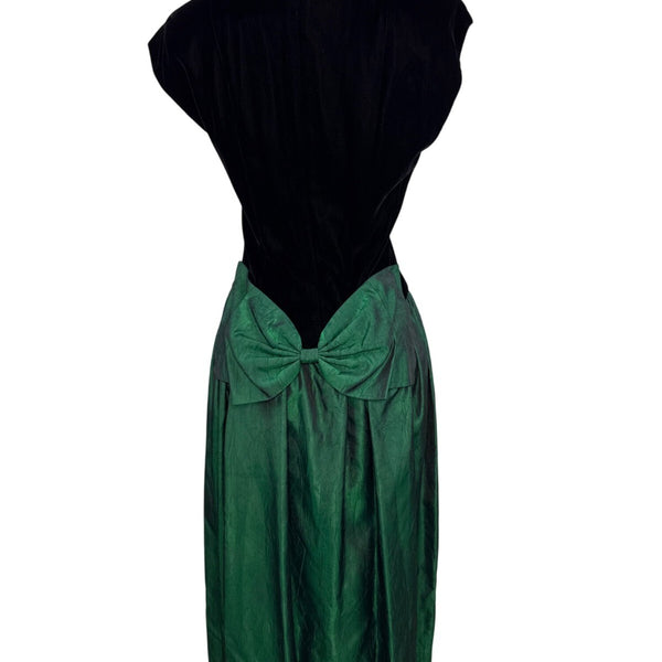 Vintage Lloyd Williams Black Velvet & Green Satin Dress With Bow Detail Sz 8