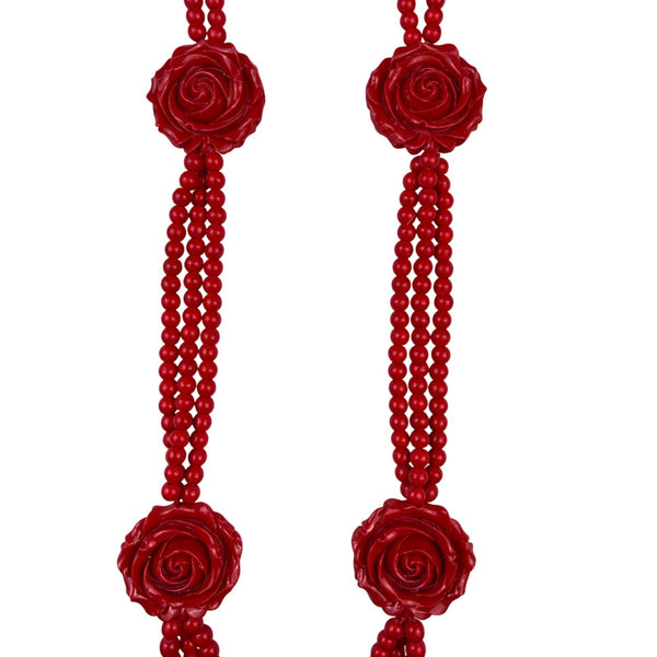 Triple-Strand Red Carved Rose Beaded Necklace Womens Jewelry Fashion Accessory