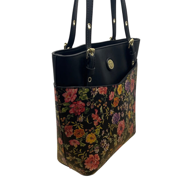 Anne Klein Floral Print Black Faux Leather Gold Accent Zipper Closure Tote Bag