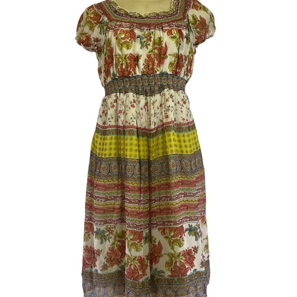 Mimi Maternity Floral Print Silk Dress M Multicolor Smocked Waist & Neckline New