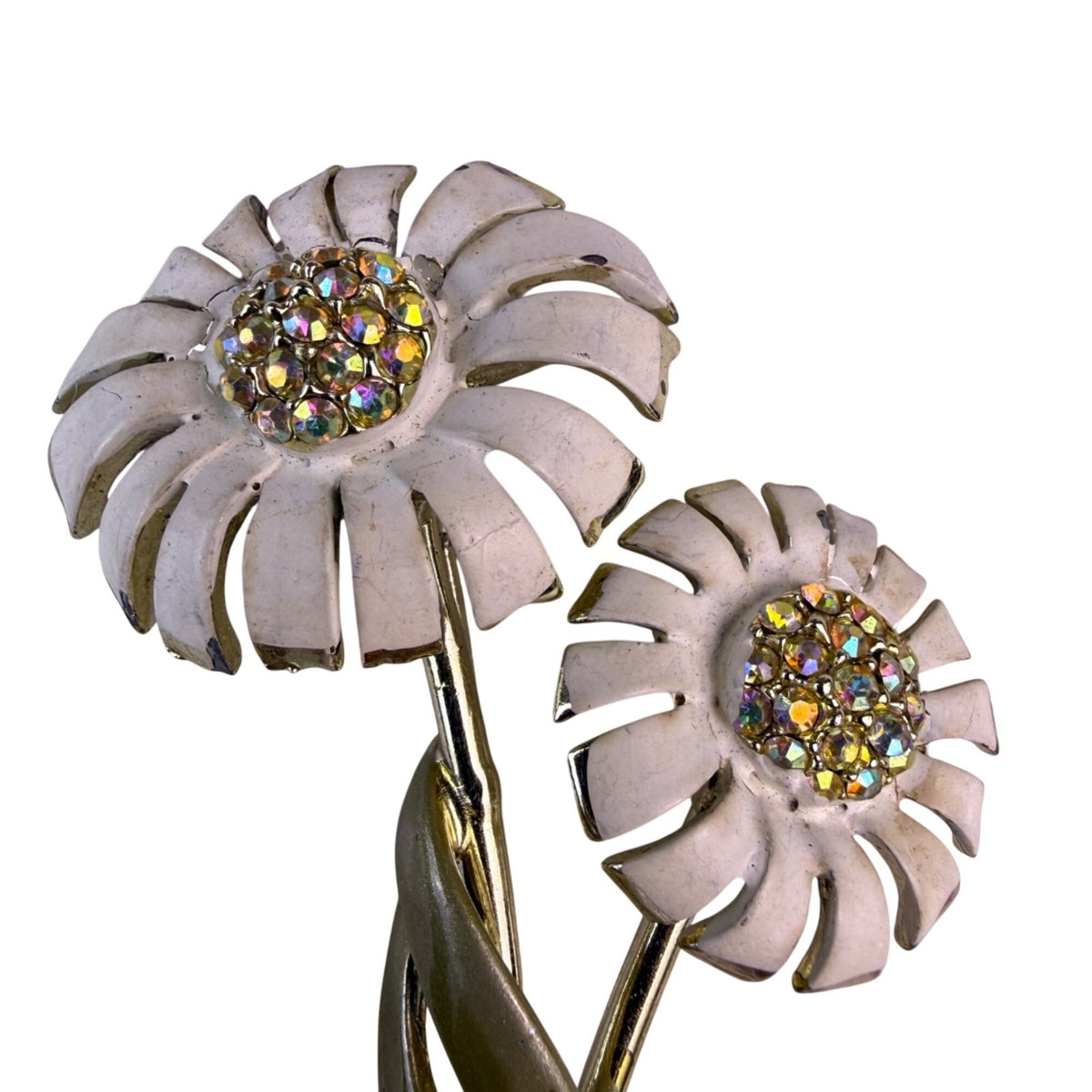 B.S.K. Womens Gold Tone White Enamel Double Daisy Flower Brooch With Rhinestones