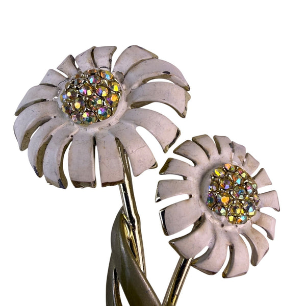 B.S.K. Womens Gold Tone White Enamel Double Daisy Flower Brooch With Rhinestones
