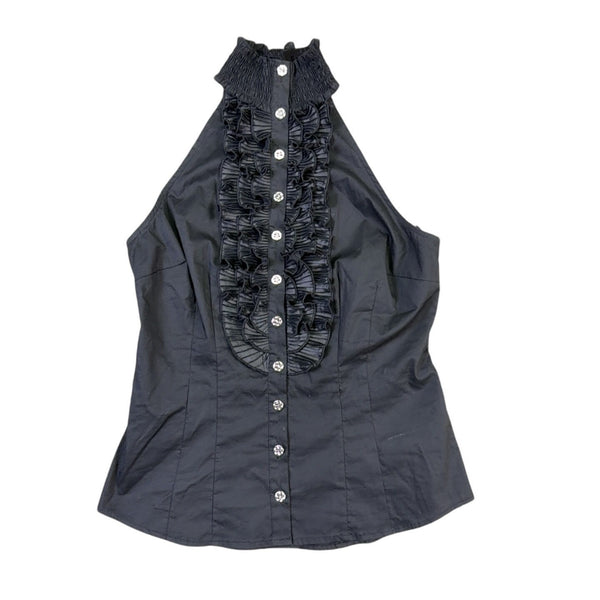 Bebe Womens Black Button-Down Sleeveless Ruffle Blouse Size S