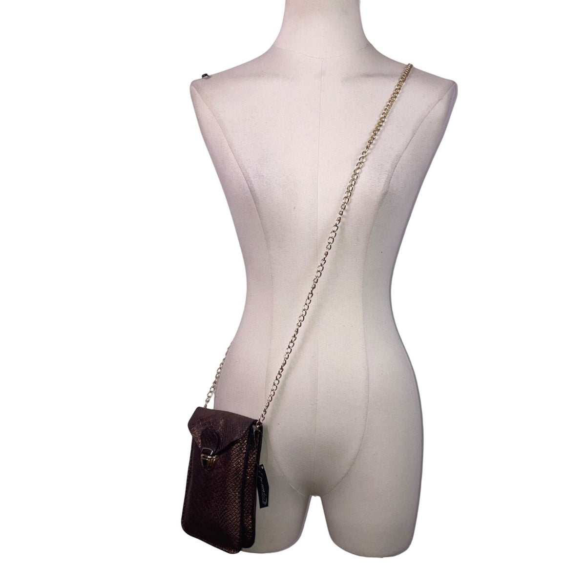 Epona Women’s Bronze Metallic Snakeskin Clasp Closure Chain Strap Crossbody Bag