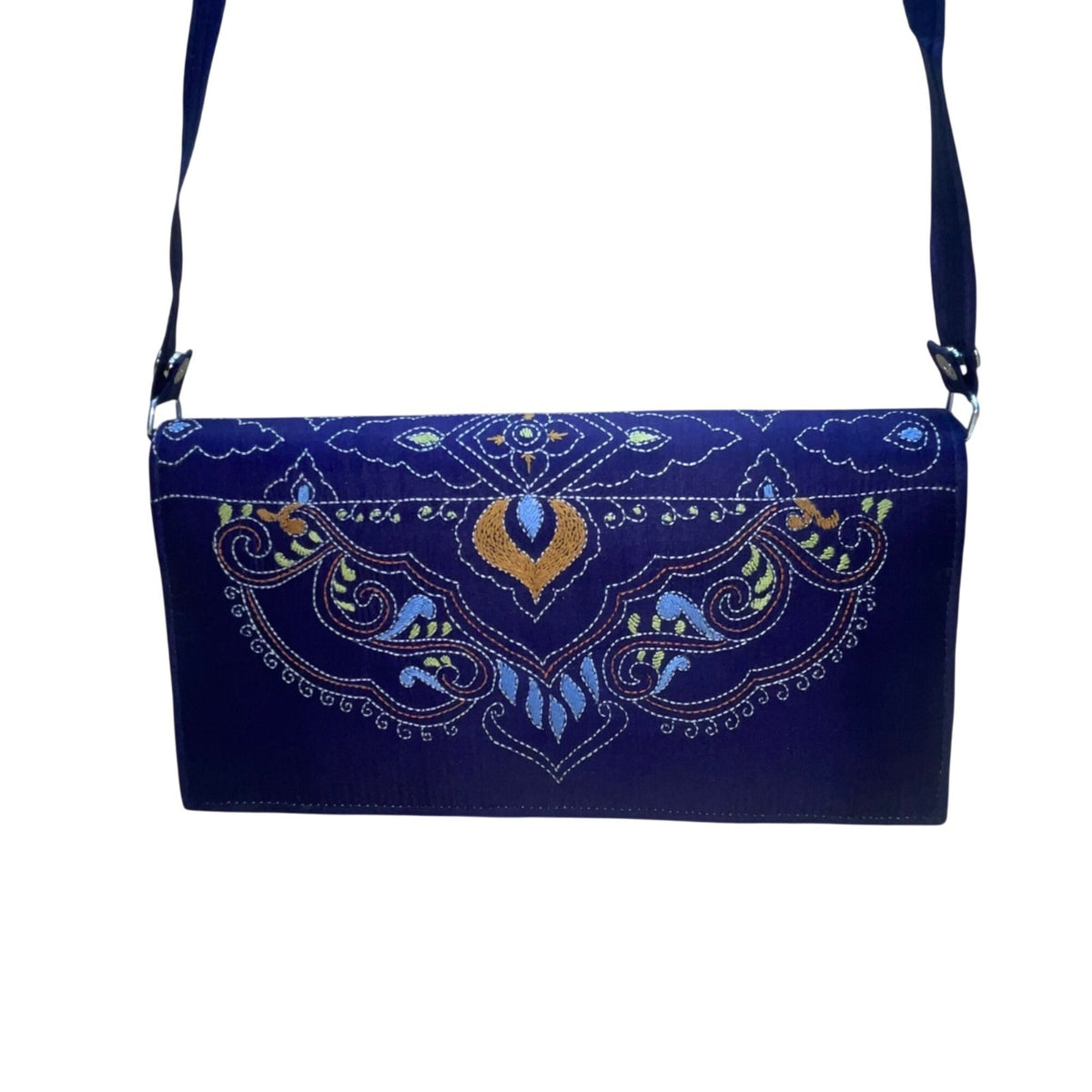 Embroidered Shoulder Bag Women Blue Fabric Fold-Over Clutch Adjustable Strap