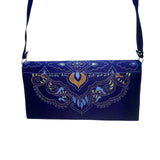 Embroidered Shoulder Bag Women Blue Fabric Fold-Over Clutch Adjustable Strap