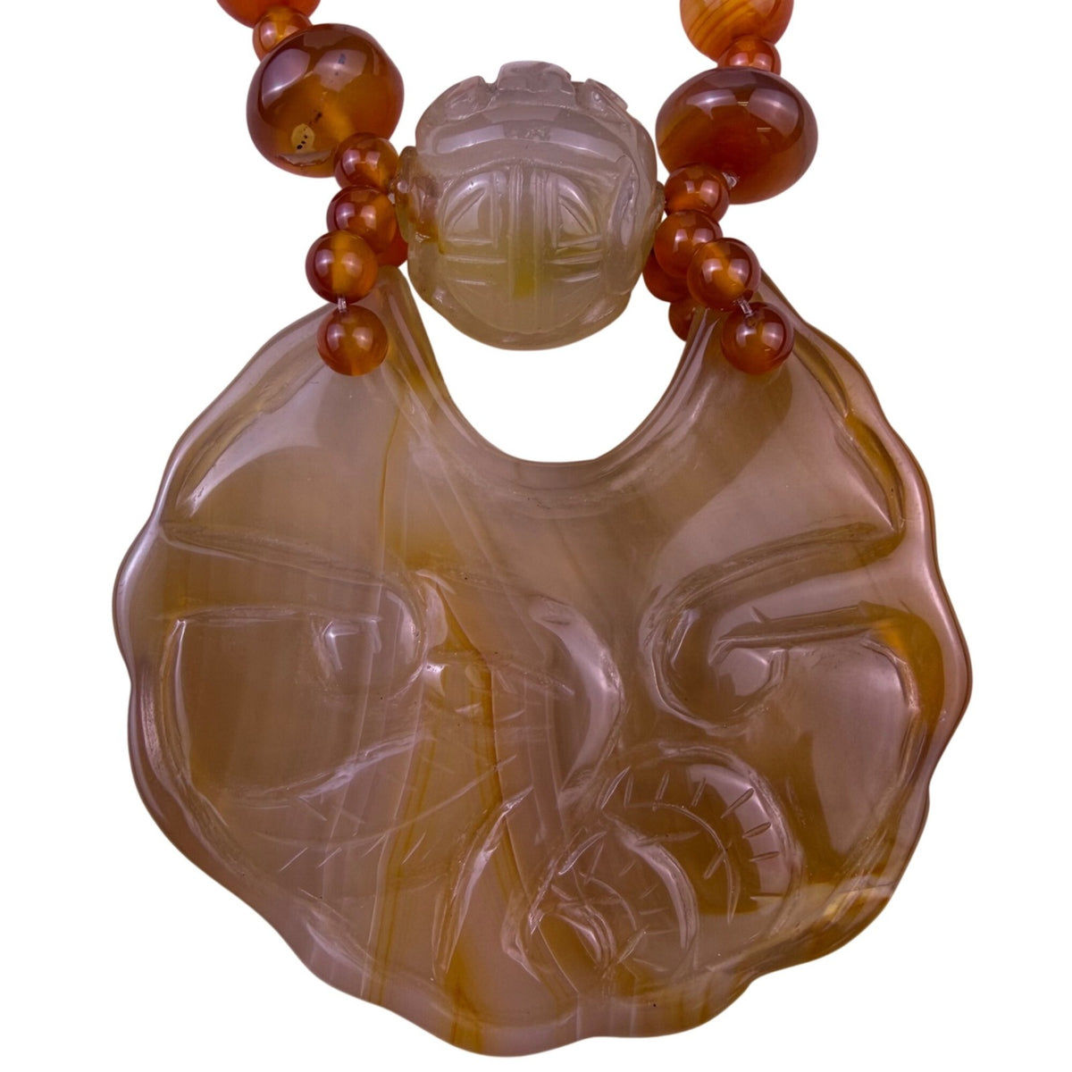 Carved Agate Womens Golden Brown Pendant Necklace With Carnelian Beads 