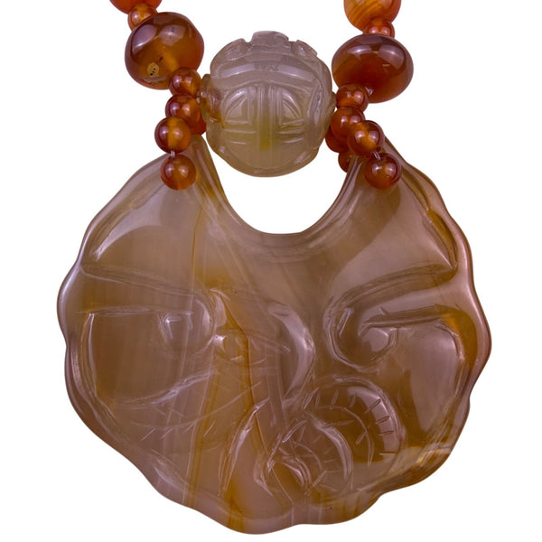 Carved Agate Womens Golden Brown Pendant Necklace With Carnelian Beads 