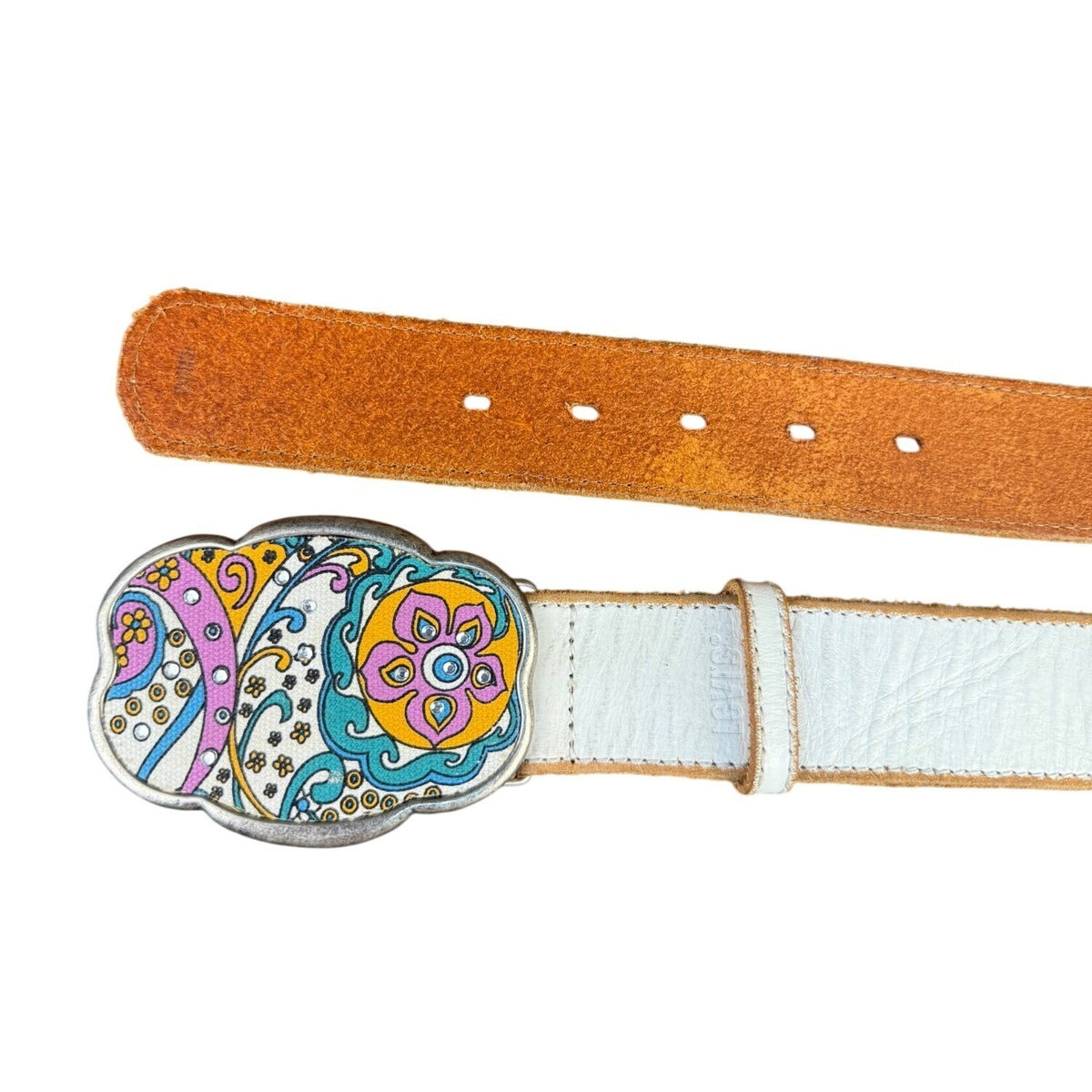 Leather Womens White Belt With Colorful Paisley Buckle Design