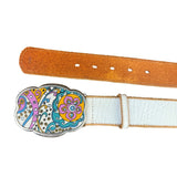Leather Womens White Belt With Colorful Paisley Buckle Design