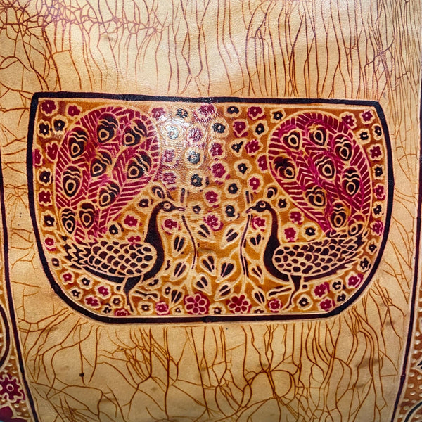 Handcrafted Women’s Brown Leather With Red Floral Details Peacock-Print Tote Bag