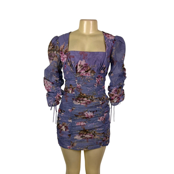 ASOS Womens Purple Floral Long Sleeve Puff Shoulder Bodycon Mini Dress Sz US 6