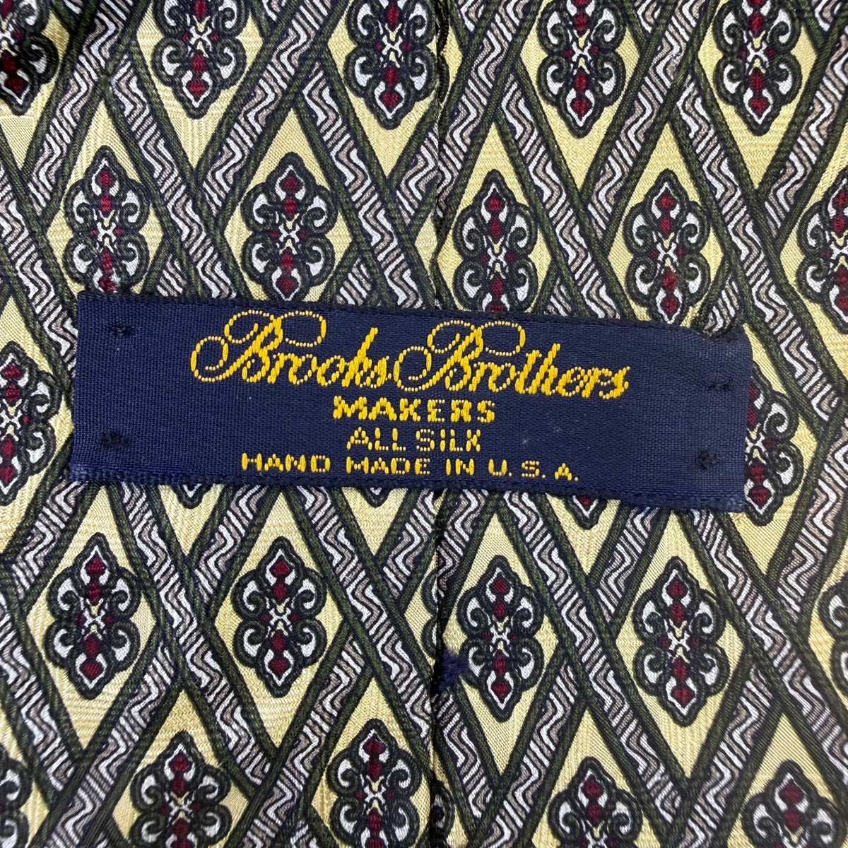 Brooks Brothers Mens Yellow & Navy Silk Necktie Geometric Pattern Hand Made 58"