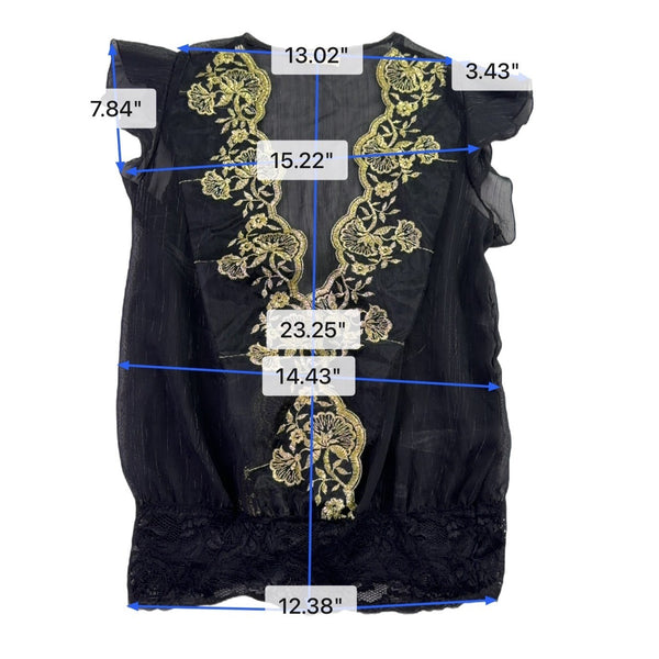 Luly K Womens Black Sheer Embroidered Blouse With Lace Trim Elegant Size OS 