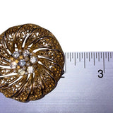 Vintage Gold Tone Floral Filigree Brooch With Clear Rhinestones & Pearls 