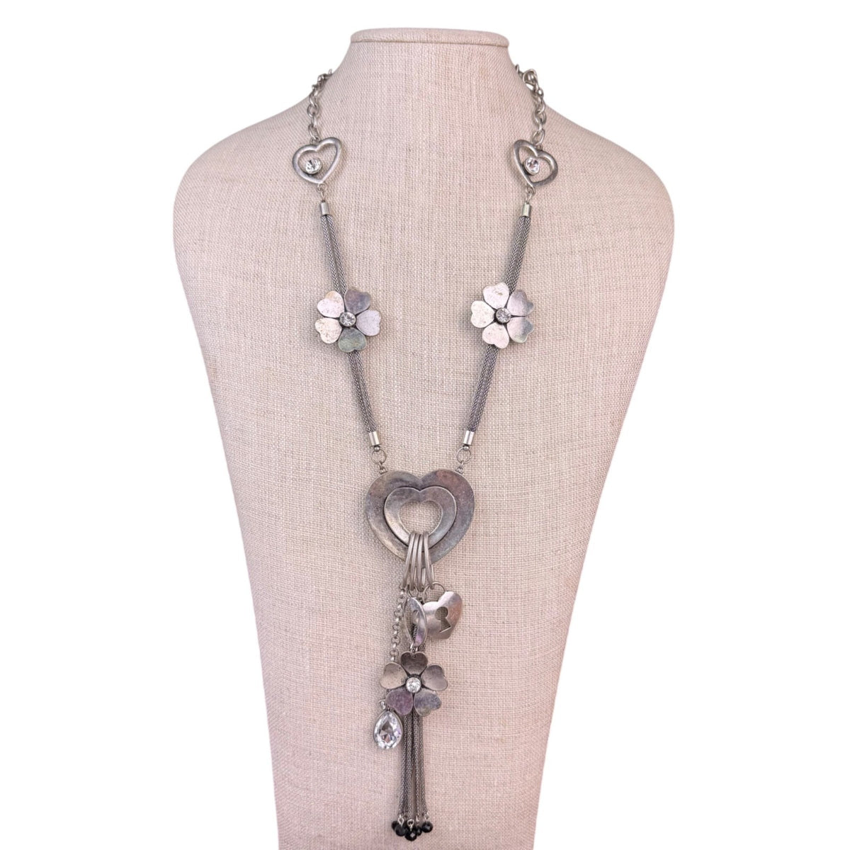 Silver Tone Womens Floral & Heart Charm Necklace Mixed Metal Statement Jewelry