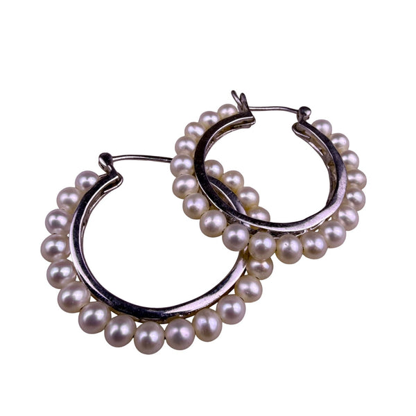 Sterling 925 Women Silver Tone Hoop Earrings Pearls Handmade Vintage