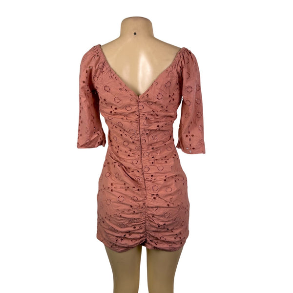 ASOS Womens Pink Eyelet Ruched Mini Dress Three-Quarter Sleeves Sz 4 - New