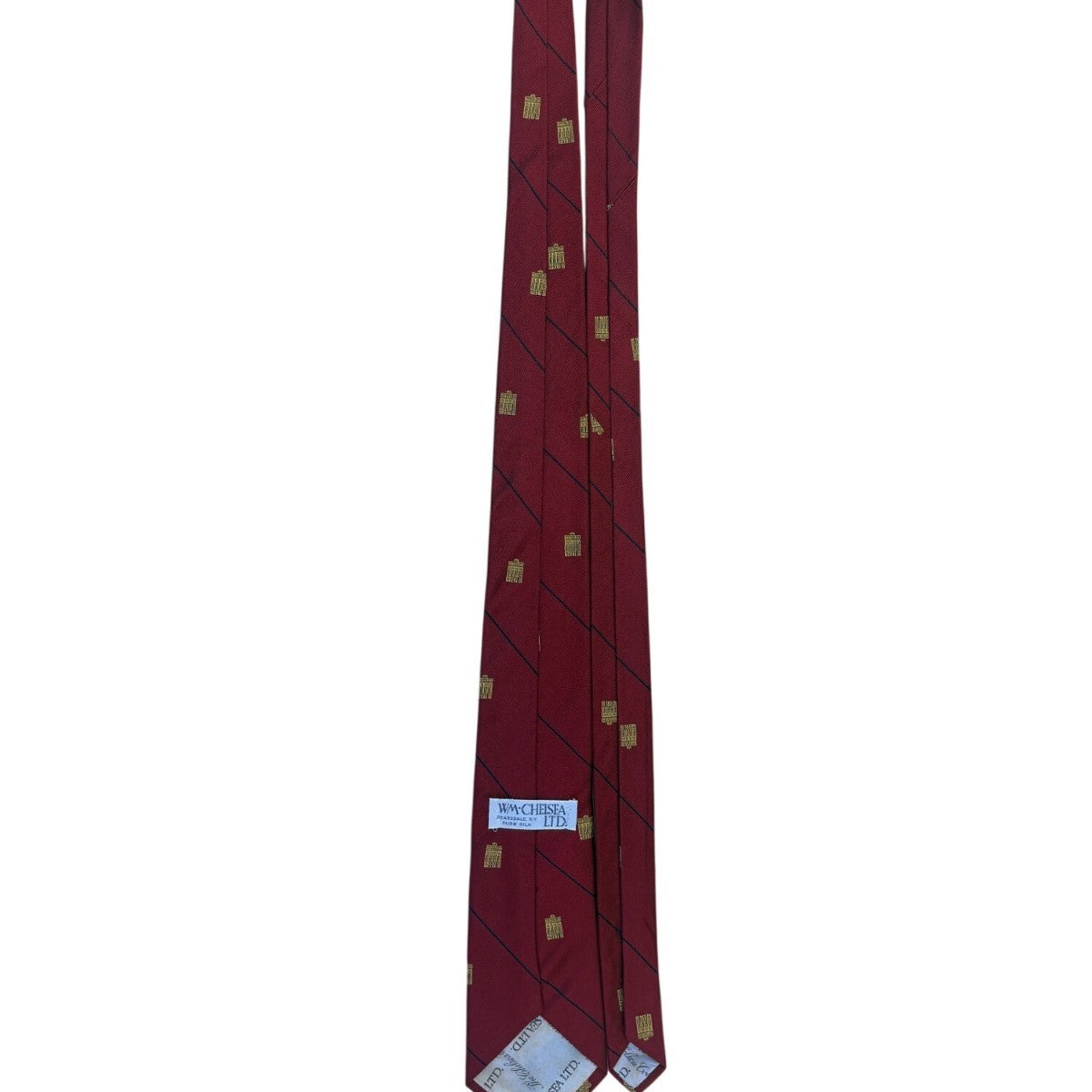 Wm Chelsea Ltd Mens Red Pure Silk Tie Gold Building Print Diagonal Stripe Design