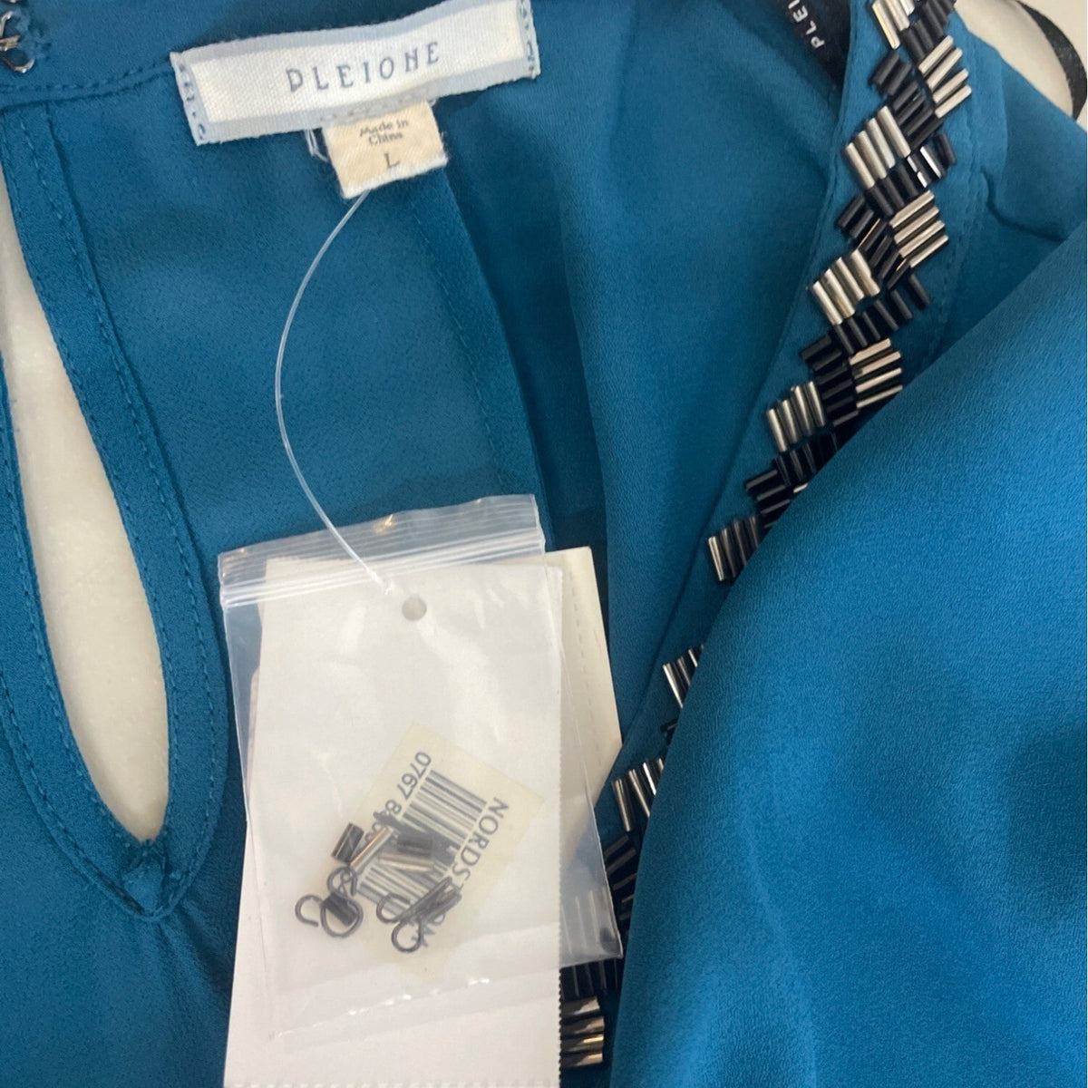 Pleione Women's Blue Blouse Shirt With Bead Accents Sz L- NWT