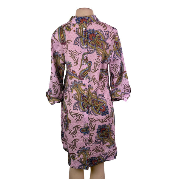 Hinson Wu Womens Pink Luxe Linen Paisley Tunic Shirt Dress Button Back Size M