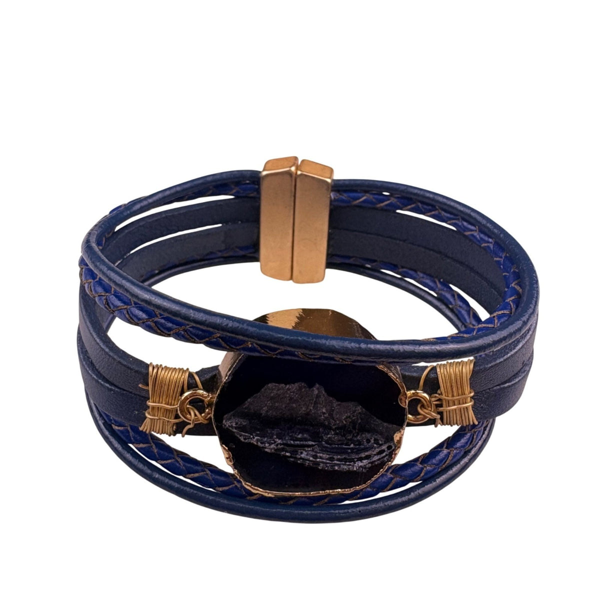 Saachi Womens Navy Blue Vegan Leather Magnetic Clasp Bracelet With Stone Accent