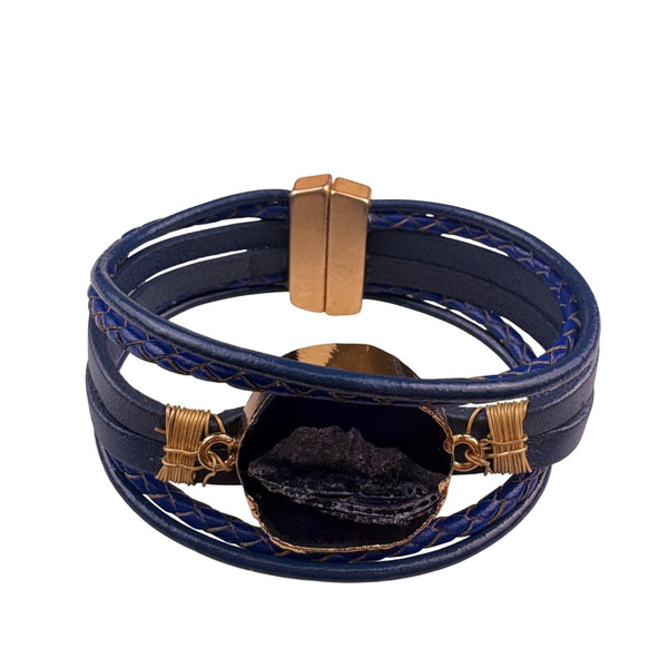 Saachi Womens Navy Blue Vegan Leather Magnetic Clasp Bracelet With Stone Accent