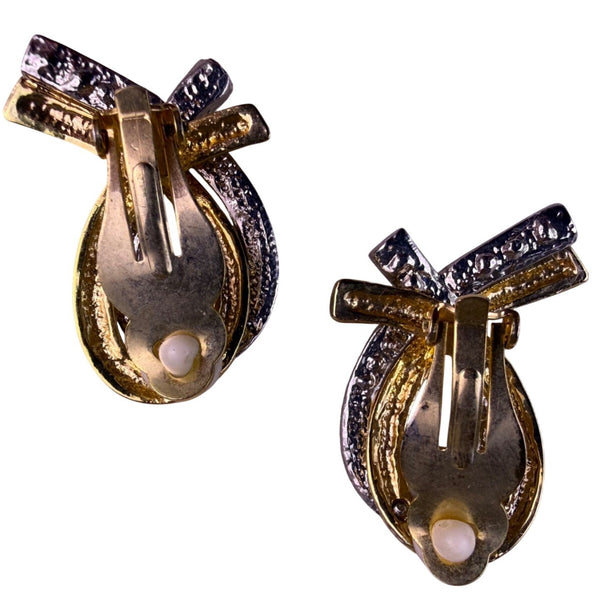 Vintage  Womens Gold Tone Rhinestone Ribbon Clip-On Earrings Elegant Style