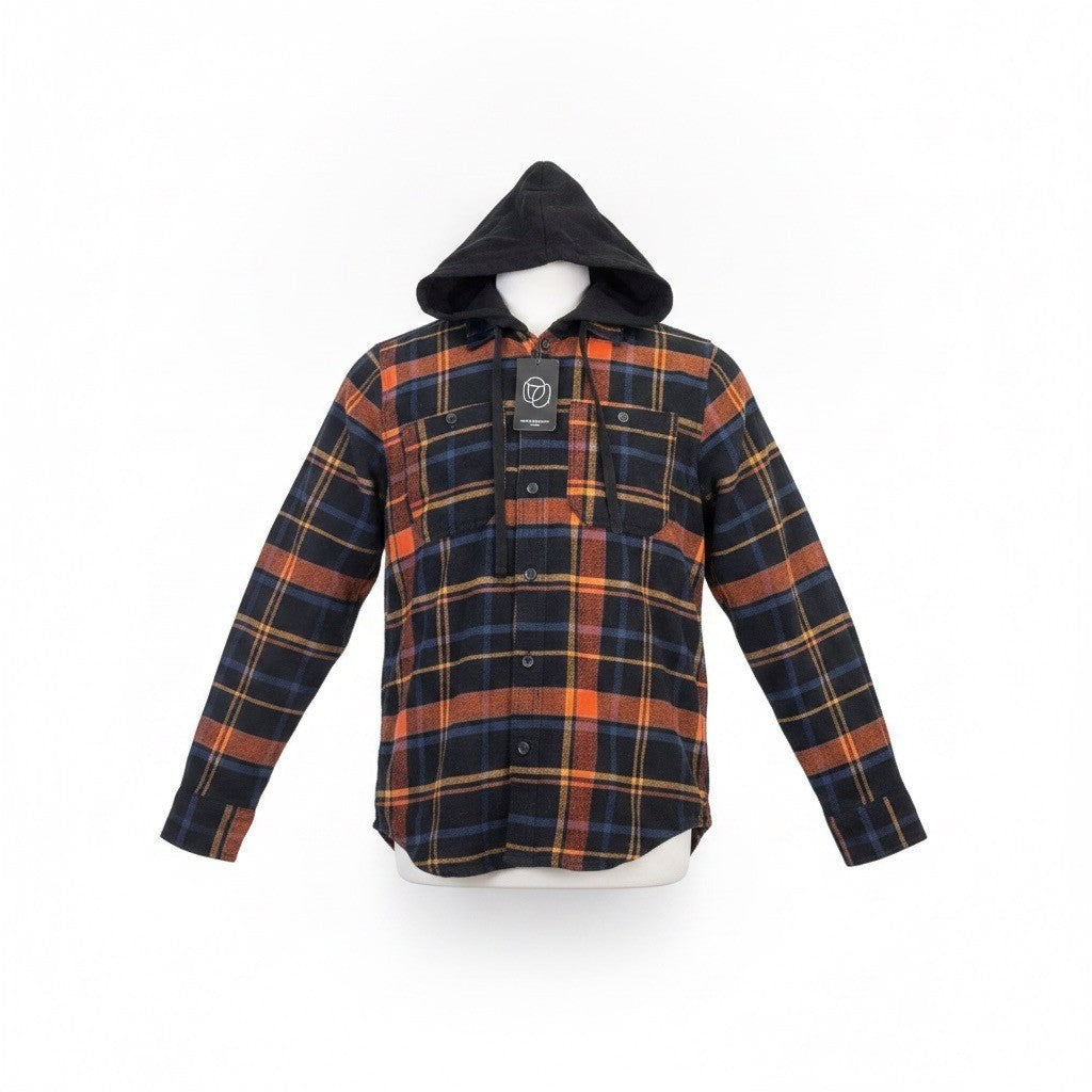 Original Use Mens Orange & Navy Plaid Cotton Hooded Button-Up Shirt Size M