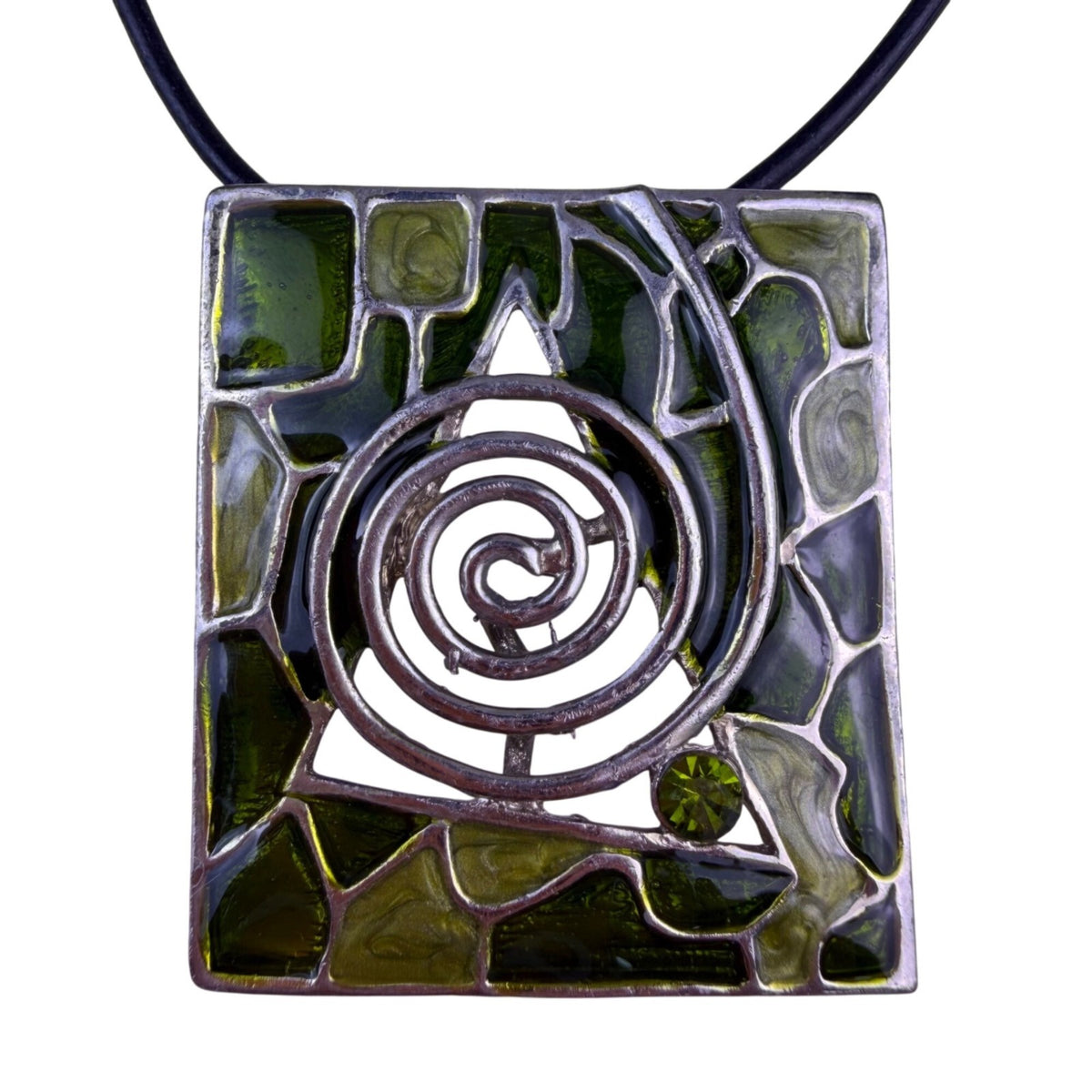 Barcelona Womens Black Leather Necklace With Green Enamel Silver Tone Pendant