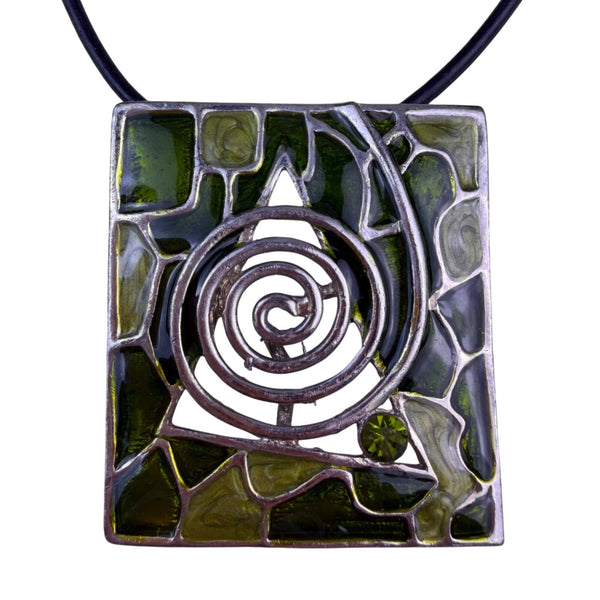 Barcelona Womens Black Leather Necklace With Green Enamel Silver Tone Pendant
