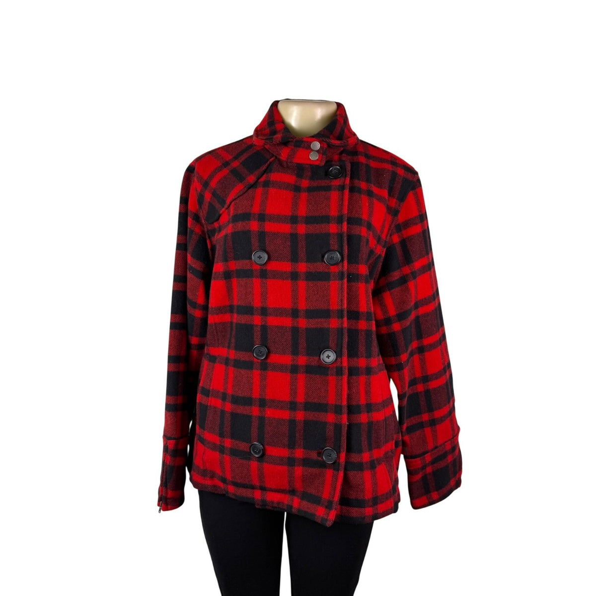 Woolrich Womens Red & Black Plaid Peacoat Double Breasted Jacket Size L