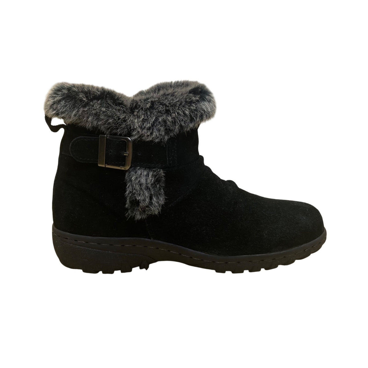 Khombu Women’s Black Leather Faux Fur Winter Buckle Accent Ankle Boots Size 8M