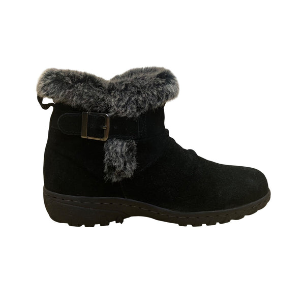 Khombu Women’s Black Leather Faux Fur Winter Buckle Accent Ankle Boots Size 8M