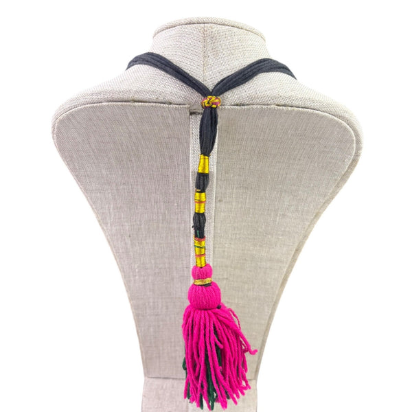 Handmade Women Gold Tone & Black Thread Necklace With Tassel Pendant