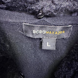 BCBG Max Azria Womens Black Button-Up Cardigan With Faux Fur Collar Size L