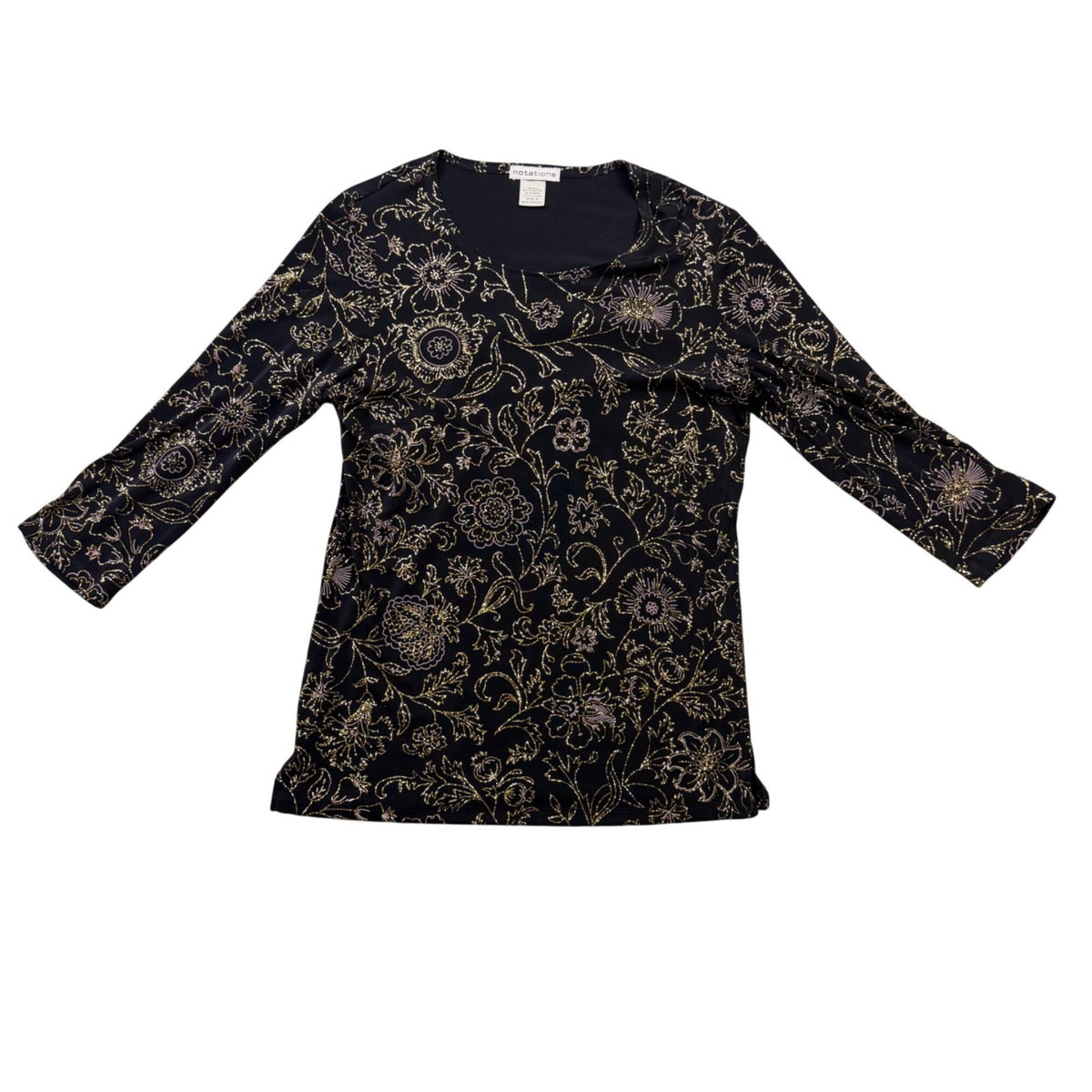 Notations Womens Black Floral Stretch Blouse Glitter Accents Size S