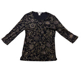 Notations Womens Black Floral Stretch Blouse Glitter Accents Size S