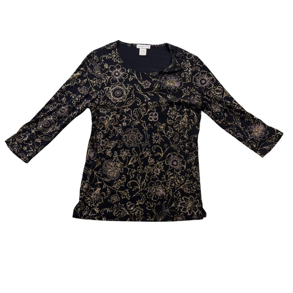 Notations Womens Black Floral Stretch Blouse Glitter Accents Size S