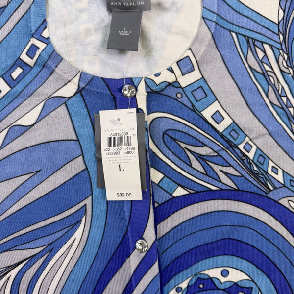 Ann Taylor Womens Blue Silk-Blend Abstract Button-Up Cardigan Size L